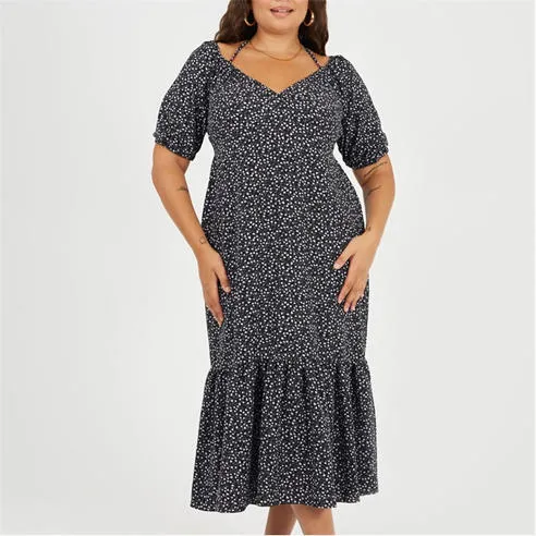 Brave Soul BS Plus Size Tiered Floral Midi Dress with Adjustable Sleeves