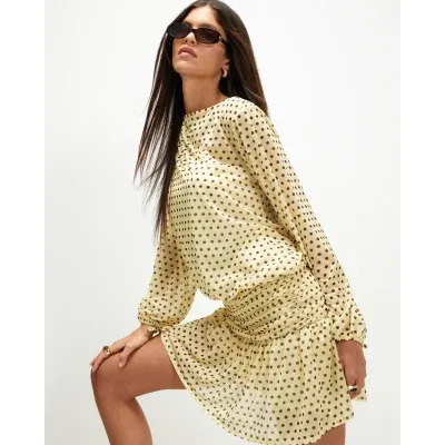 Yellow Long Sleeve Polka Dot Mini Dress