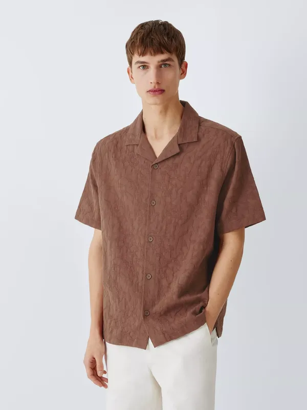 John Lewis Cotton Jacquard Pattern Short Sleeve Shirt, Rust