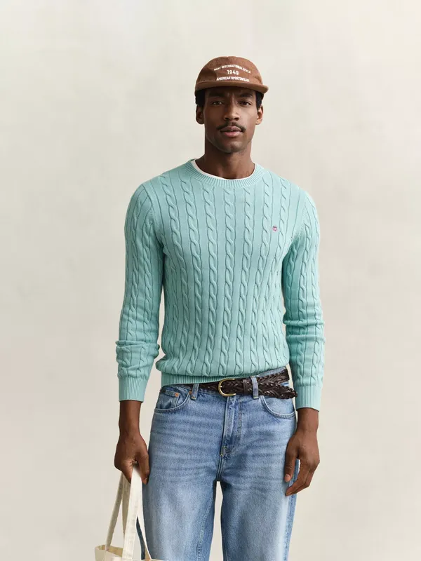 GANT Cotton Cable Knit Crew Neck Jumper, Muted Turquoise