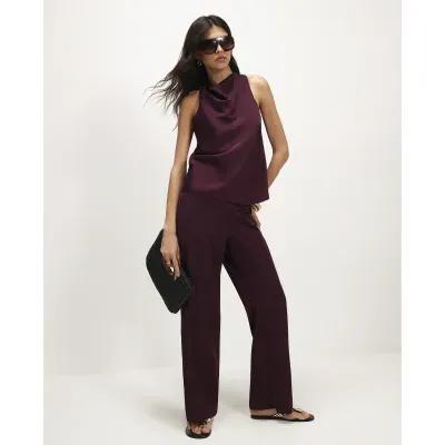 Burgundy Satin Wide Leg Trousers