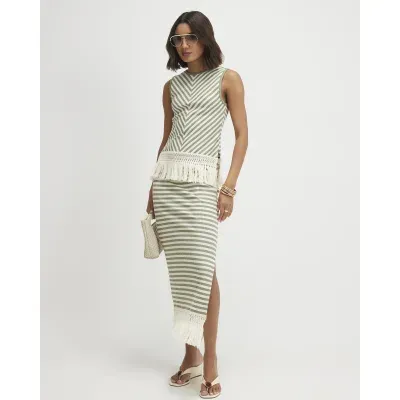 Green Fringe Hem Striped Midi Skirt