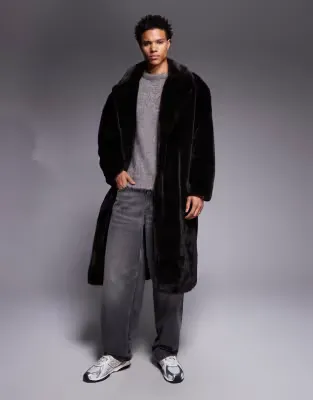 faux fur oversized long over coat in brown