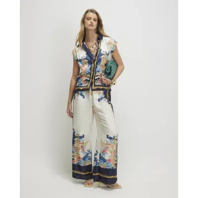 Blue Chain Print Floral Wide Leg Trousers