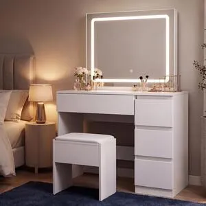 Dressing Table with Drawers LED Mirror and Stool - White