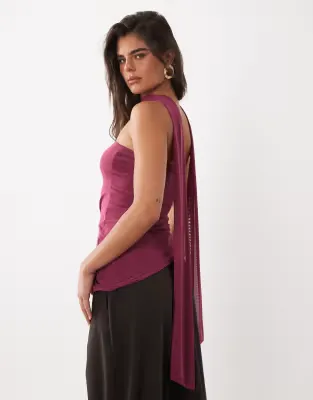 mesh bubble scarf top with knot in raspberry