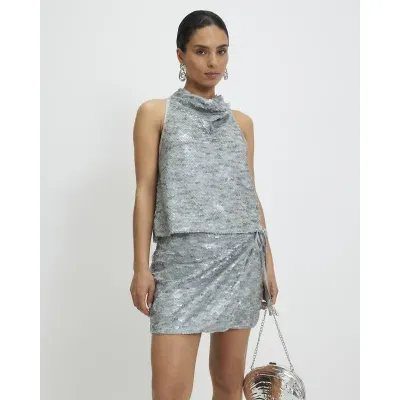 Petite Grey Sequin Wrap Mini Skirt