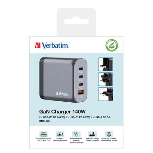 Verbatim 140W 4-Port GaN Wall Charger 2 x USB-C® PD 140W / 1 x USB-C® PD 20W / 1 x USB-A QC 3.0 (EU/UK/US)