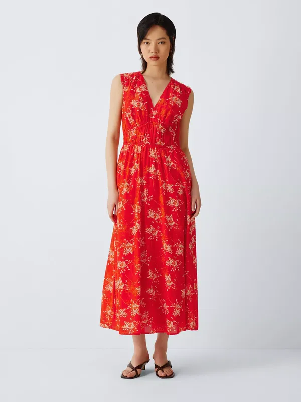 John Lewis Sleeveless Floral Cotton Blend Midi Dress, Clay/Multi