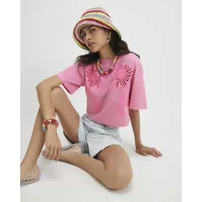 Pink Cotton Cutwork Boxy Cropped T-Shirt