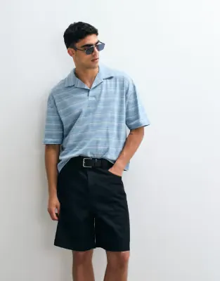 heavyweight boxy oversized polo in textured blue stripe fabric
