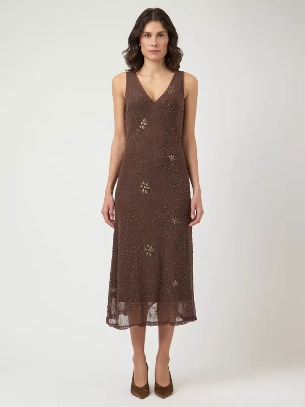 YAS Nura Sleeveless Beaded Midi Slip Dress, Brown