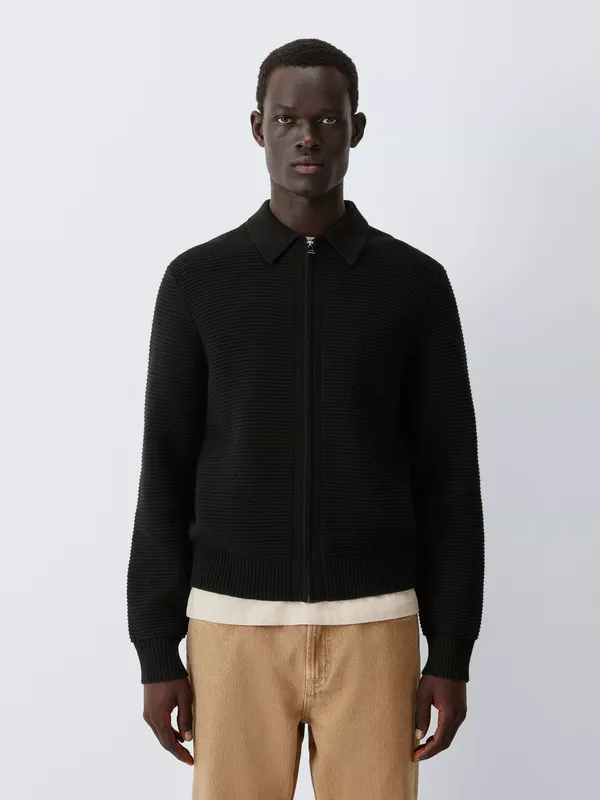 John Lewis Ottoman Knit Zip Through Jumper with Merino Wool, Black