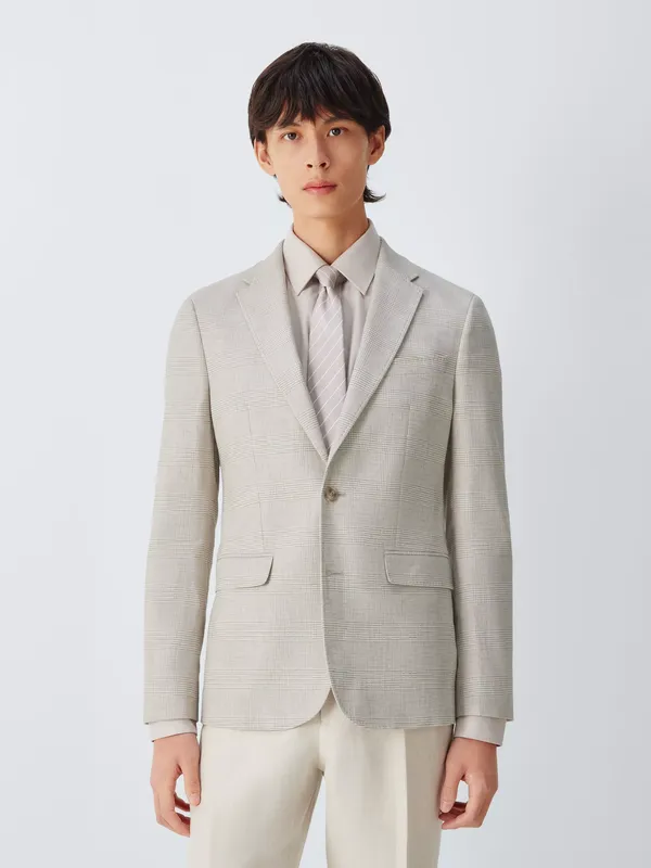 John Lewis Cotton Blend Check Slim Fit Suit Jacket with Linen, Ecru