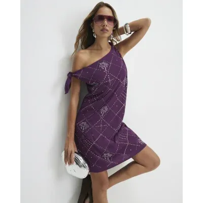 Purple Palm Diamante Asymmetric Mini Dress