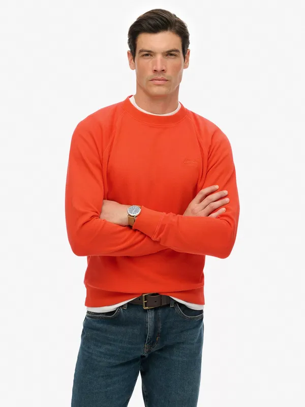Superdry Essential Logo Crew Neck Raglan Sleeve Cotton Blend Jumper, Bold Orange