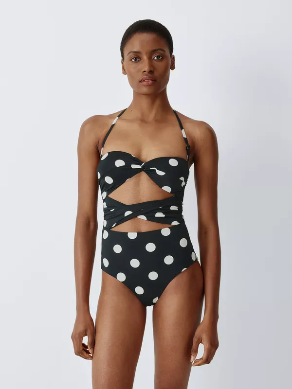John Lewis Polka Dot Bandeau Twist Front Cut Out Swimsuit, Mono Spot