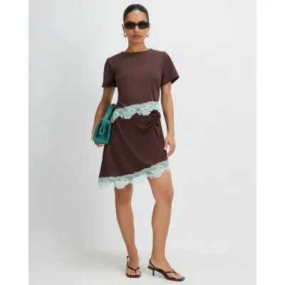 Petite Brown Satin Lace Ruched Mini Dress