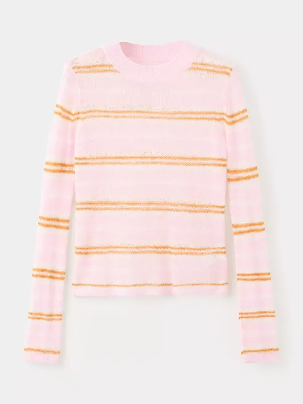 Mango Fine Knit Stripe Crew Neck Jumper, Pastel Pink