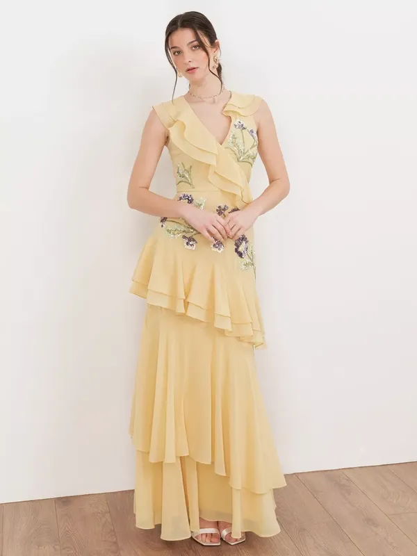 Maya Deluxe Embellished Asymmetric Ruffle Maxi Dress