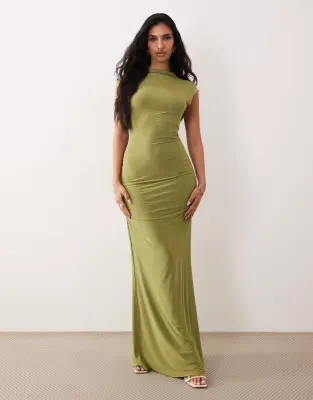 cap sleeve maxi dress with lace up detail and ruching in olive green