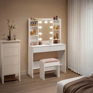 VASAGLE Dressing Table with LED Lights, Vanity Desk with Mirror - White / Cloud White