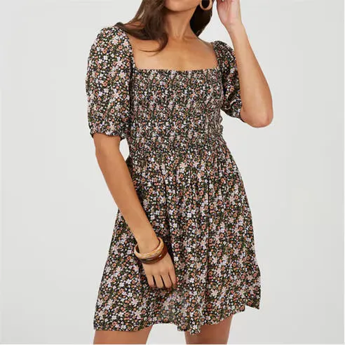 Brave Soul Womens Puff Sleeve Floral Print Mini Dress