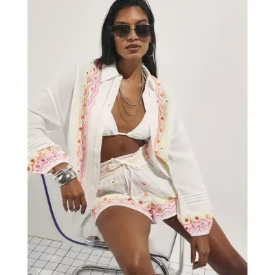 Cream Cotton Mirror Embroidered Shirt