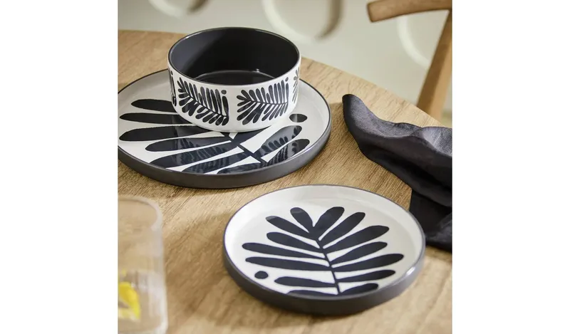 Habitat Leaf 12 Piece Stoneware Dinner Set - Black & White