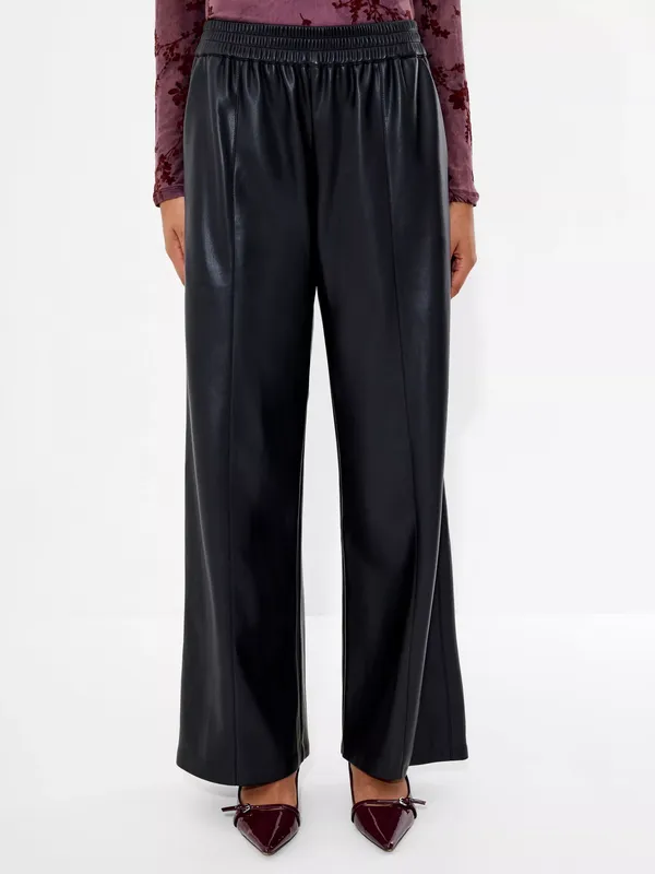 French Connection Tasher Faux Leather Wide Leg Trousers, Black