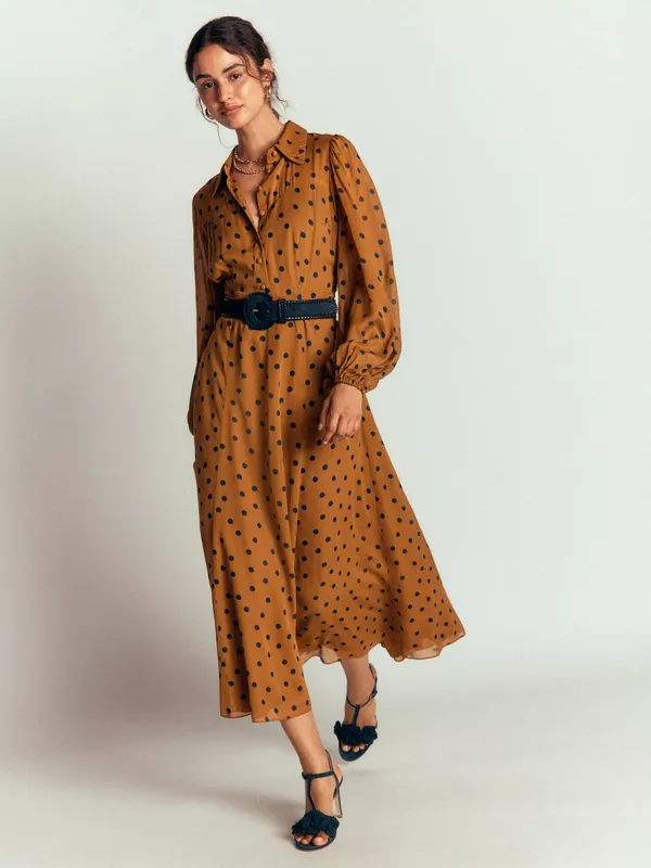 Boden Sheer Yoke Polka Dot Midi Shirt Dress containing LENZING™ ECOVERO™ Viscose, Brown/Navy