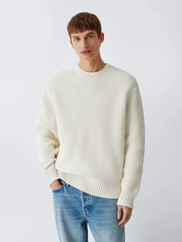 Kin Open Stitch Cotton Knit Crew Neck Jumper, Ecru
