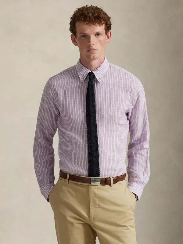 Polo Ralph Lauren Linen Custom Slim Fit Stripe Shirt, Lavender White