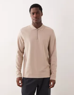 breatheMAX heavyweight long sleeve zip polo in stone cotton blend