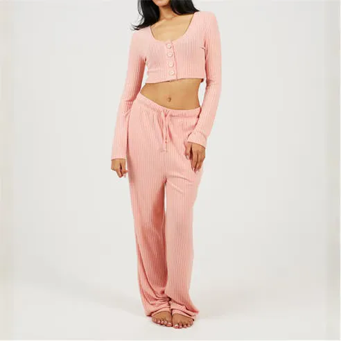Brave Soul Womens Long Sleeve Cropped Top and Matching Trouser Lounge Set