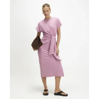 Pink Premium Short Sleeve Tie Side Midi Dress