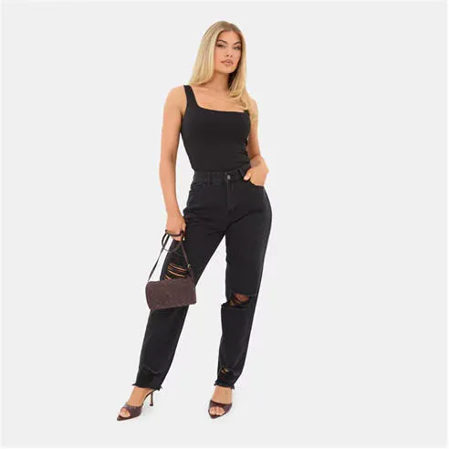 I Saw It First Womens High Waisted Distressed Cotton Straight Leg Jeans