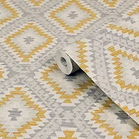 Superfresco Easy Grey & yellow Woven effect Geometric Textured Wallpaper