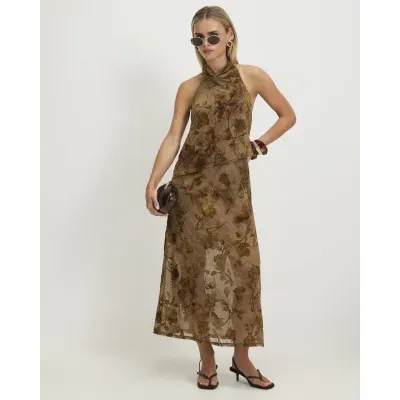 Petite Khaki Halter Neck Devore Maxi Dress