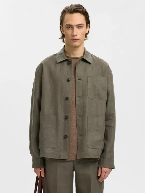 Selected Linen Regular Fit Overshirt, Olive Green