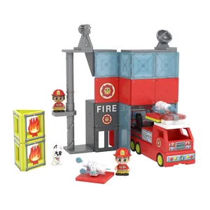 Tile Town Fire Station and Firetruck Magnetic Construction Set