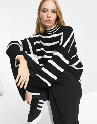 high neck jumper in black & white stripe