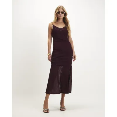 Burgundy Lace Trim Drape Midi Dress
