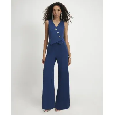 Blue Embellished Button Waistcoat Jumpsuit