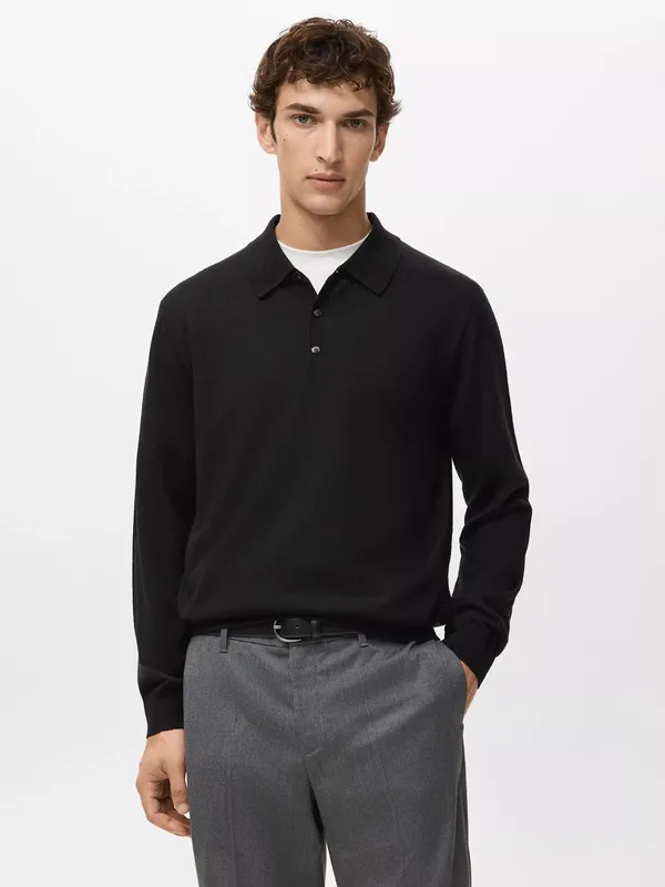 Mango Willys Wool Regular Fit Long Sleeve Polo Shirt, Black