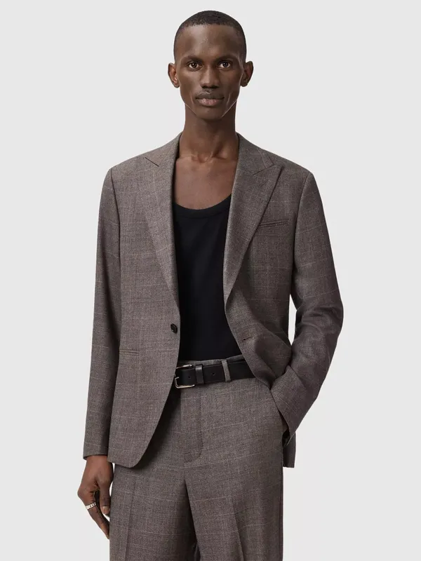AllSaints Clover Check Wool Blend Single Breasted Blazer, Brown