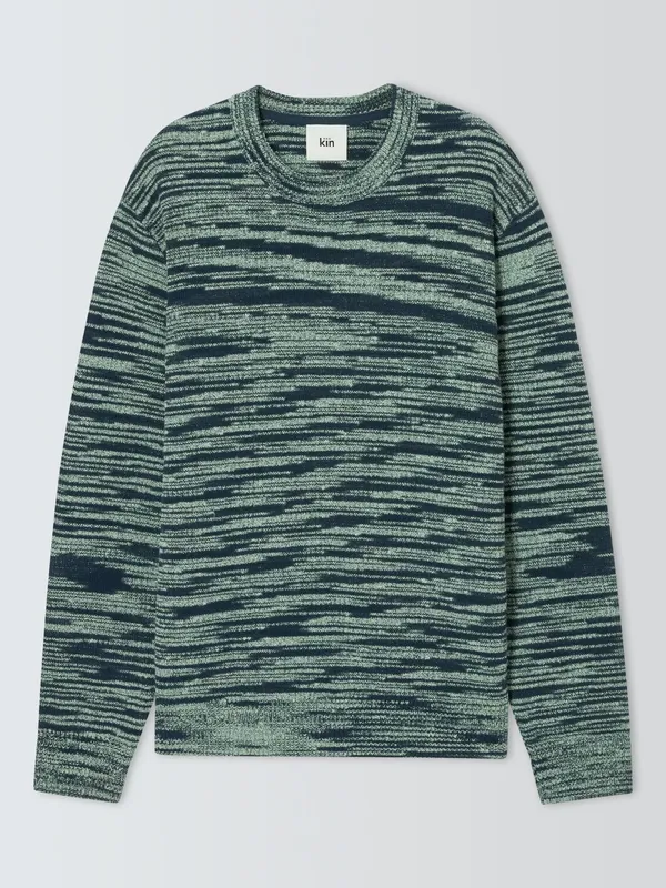 Kin Boucle Slub Cotton Crew Neck Jumper, Goss Green/ Sea Storm
