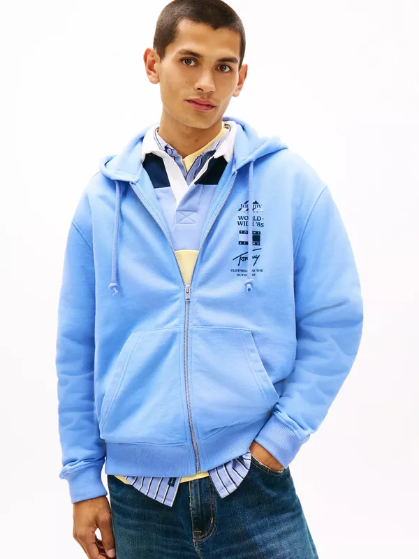 Tommy Jeans Back Graphic Relaxed Terry Zip-Thru Hoodie, Light Blue