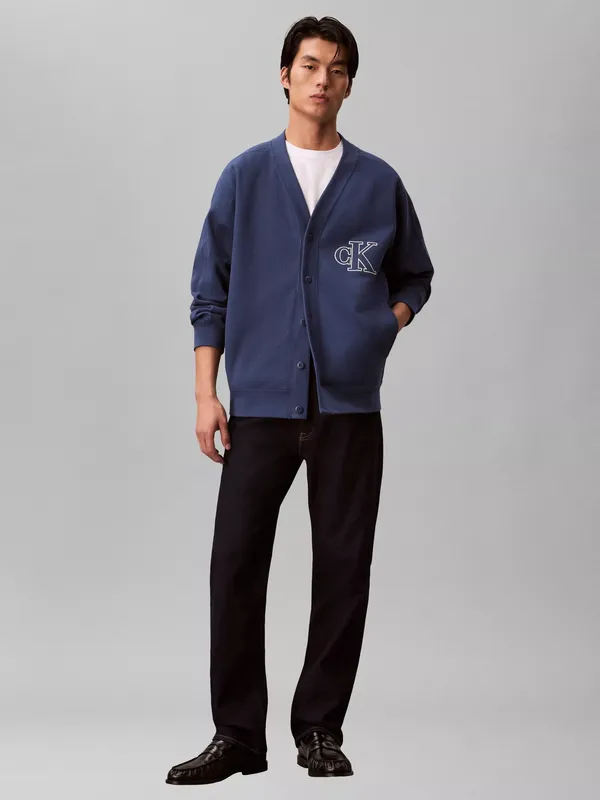 Calvin Klein Cotton Rich Double Ribbed Textured Knit Cardigan, Dark Denim