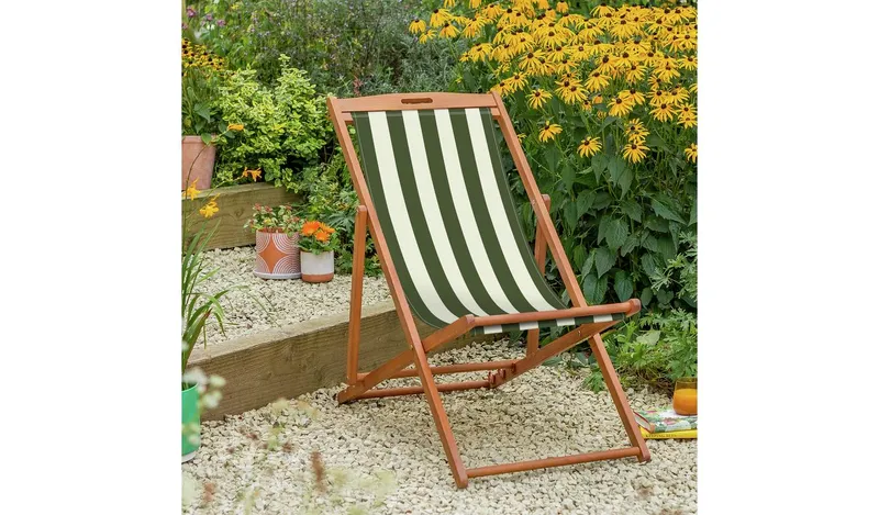 Habitat Folding Wooden Garden Deck Chair - Green & White
